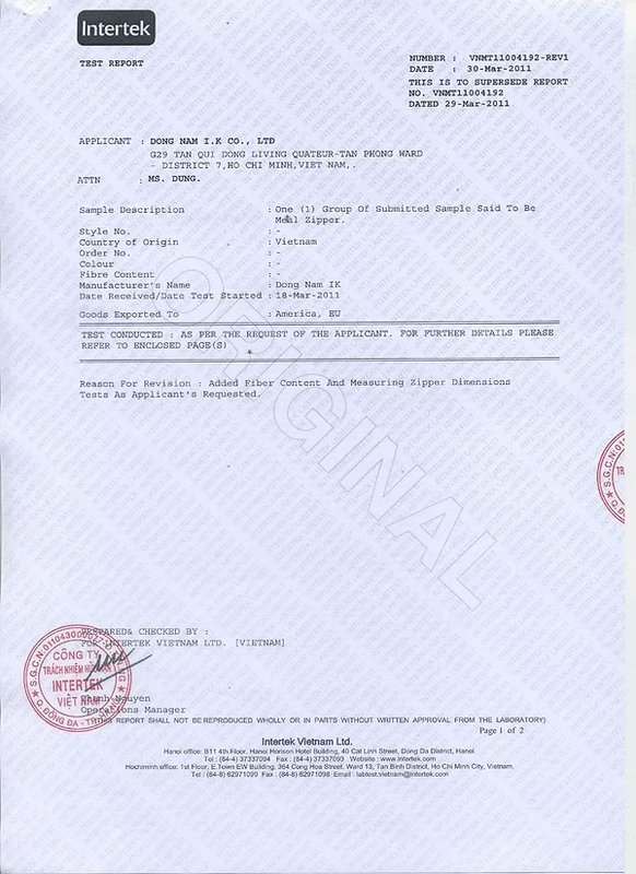 Nickel-Free Zipper Certification