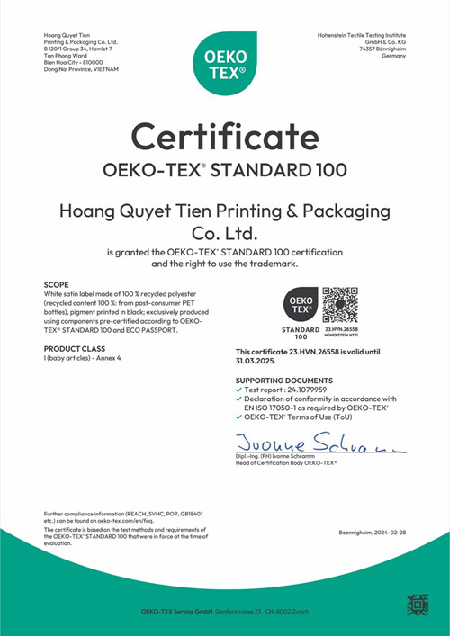 Oeko-Tex Standard 100 certification for recycle products