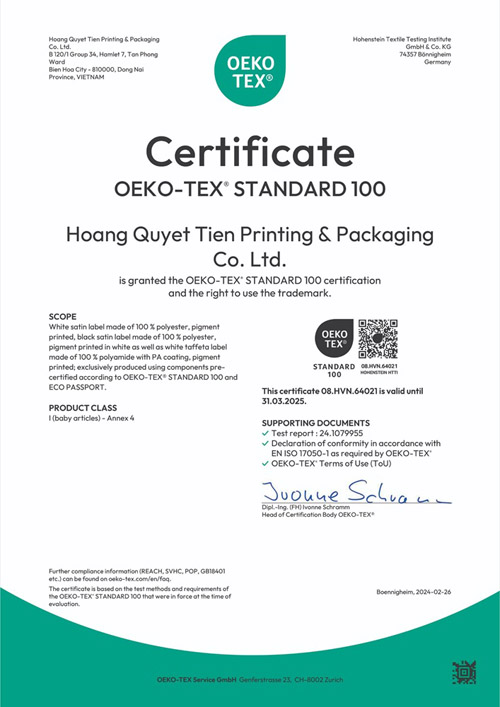 Oeko-Tex Standard 100 certification for regular products
