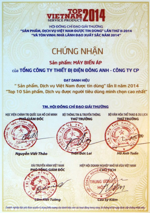 Certificate of trusted Vietnamese products 2014