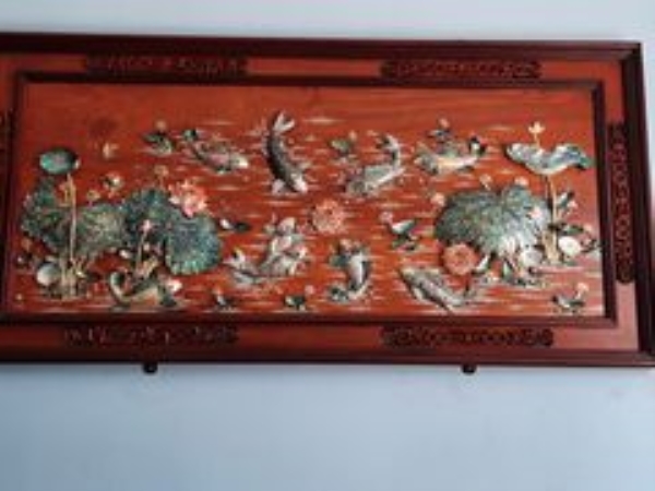 Wood painting inlaid with abalone shells
