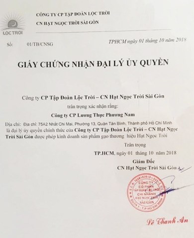 Ngoc Troi rice agent certificate
