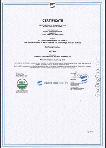Certificate of ST25 rice meets US USDA organic standards