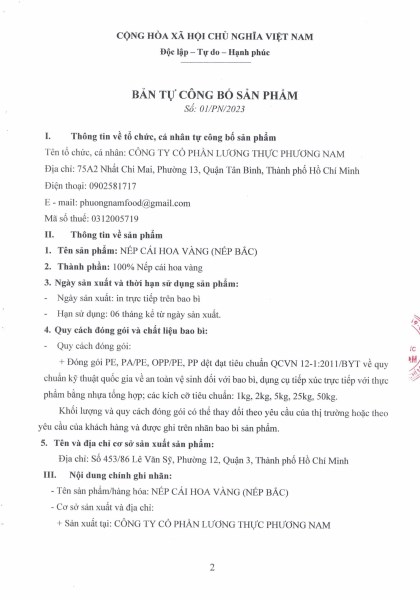 Certificate of Hoa Vang sticky rice
