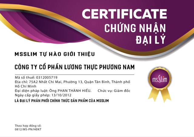 Certificate of Ms Slim rice distribution agent
