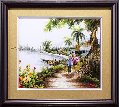 Village embroidered picture