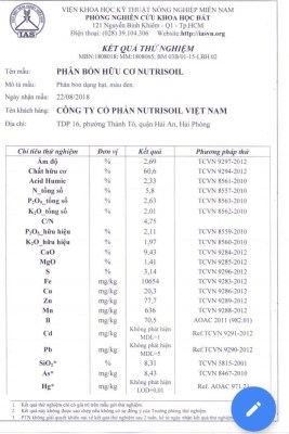 NUTRISOIL organic fertilizer test results