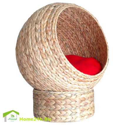 Natural Water Hyacinth Pet House with Red Cushion