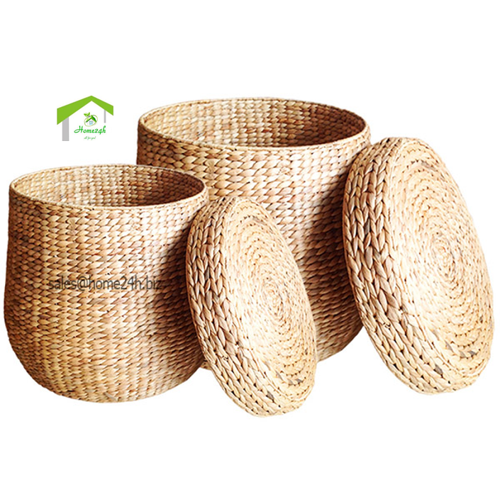 Round Water Hyacinth Hampers with Removeable Lids