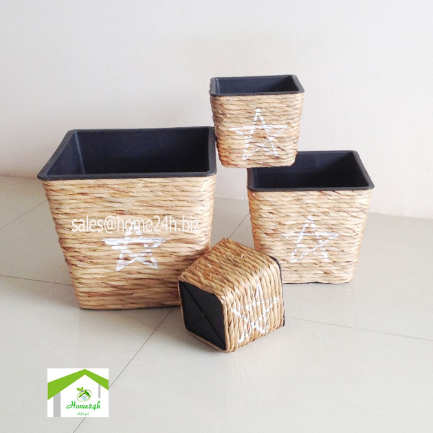 Set of 4 Square Twisted- Woven Water Hyacinth Plant Pots