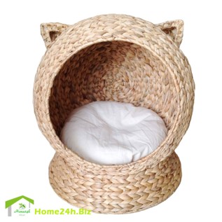 Water Hyacinth Cat House With White Cushion
