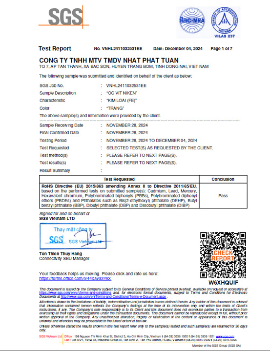 SGS RoHS certificate – Nickel Screw