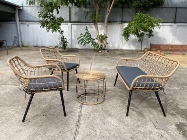 Sofa set metal frame with plastic wicker