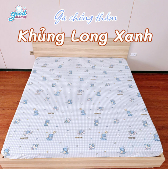 Goodmama Waterproof Fitted Sheet - Blue Dinosaur Pattern