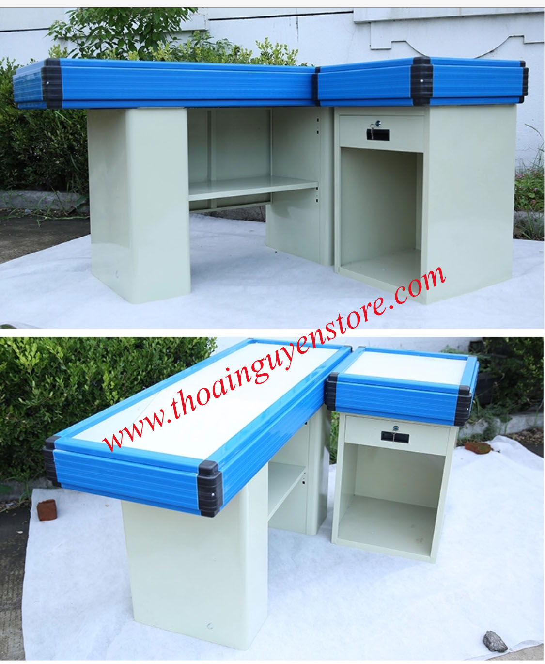 Blue supermarket counter