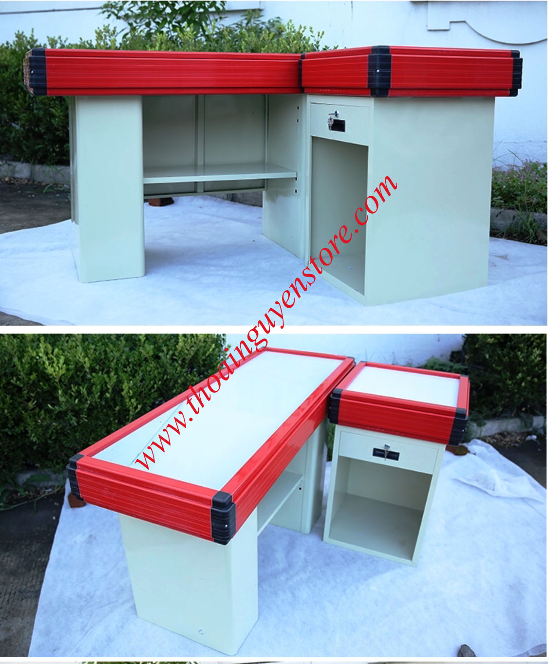 Red supermarket counter