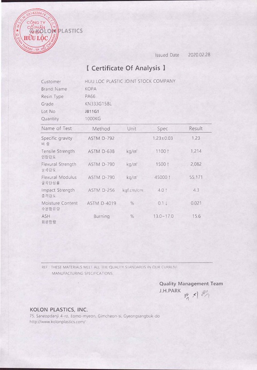 Certificate of resin analysis