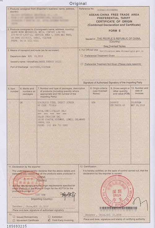Certificate of inox origin