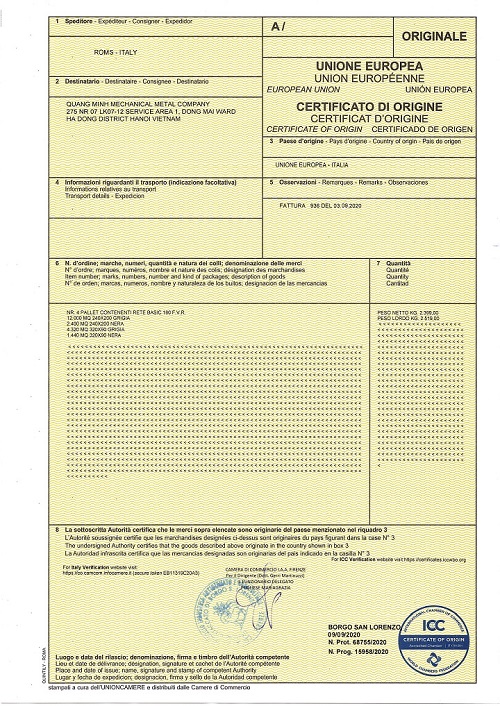 Certificate of fiberglass origin