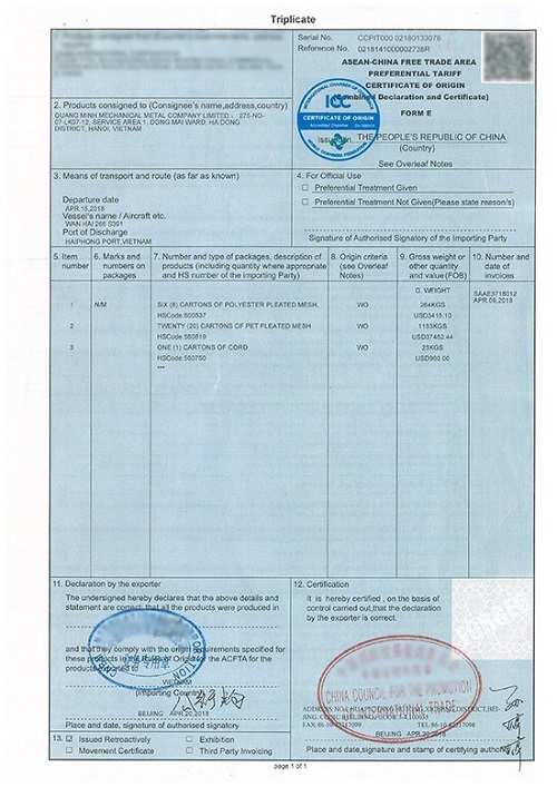 Certificate of polyester origin