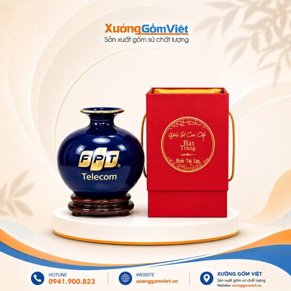 Blue Bat Trang Feng Shui wealth vases with printed logo