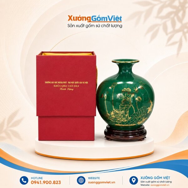 Green-Glazed Bat Trang Feng Shui wealth vases with printed logo