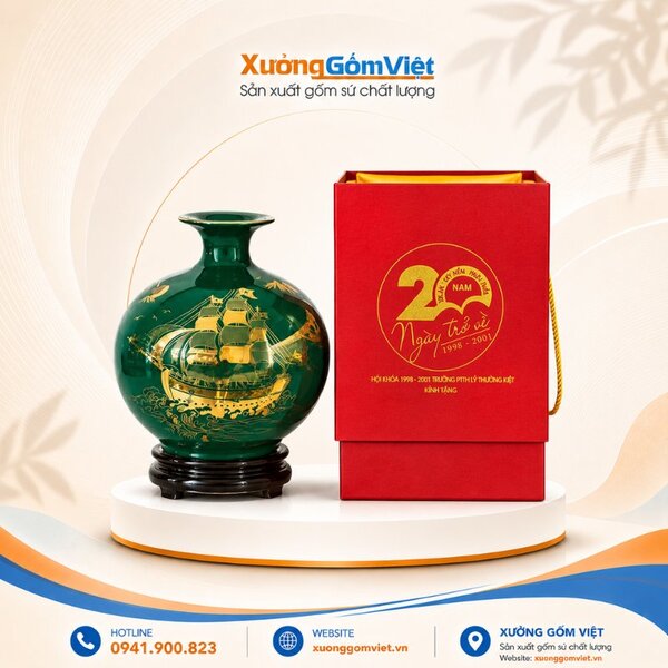 Green-Glazed Bat Trang Feng Shui wealth vases with printed logo