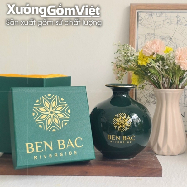 Round green Bat Trang Feng Shui wealth vases with printed logo