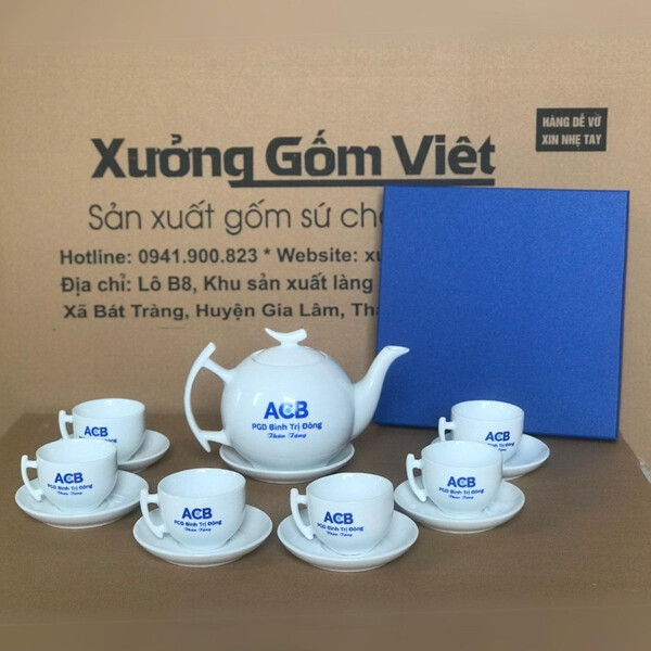 White porcelain tea sets with ACB Bank - Binh Tri Dong Office logo