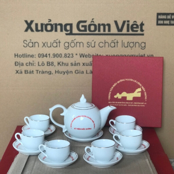 White porcelain tea sets with nursing home logo
