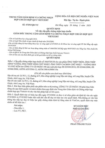 Certificate of standard conformity