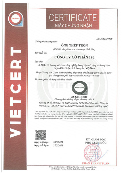 Certificate of standard conformity