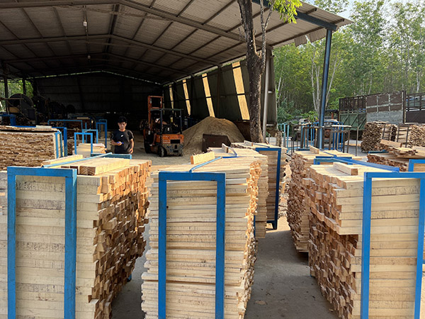 Fresh wood billets are prepared for drying