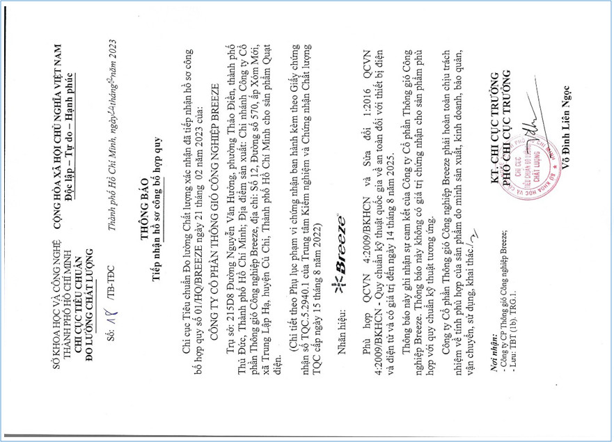 Certificate of conformity QCVN04/2009