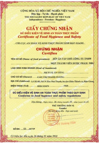 Food Safety Certificate - Hau Giang