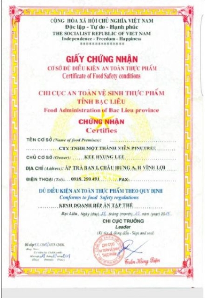 Food Safety Certificate - Bac Lieu