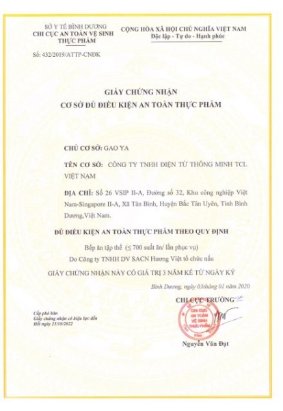 Food Safety Certificate - Binh Duong
