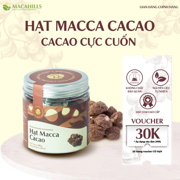 Maca Hills macadamia nuts with rich cocoa flavor, 100g box