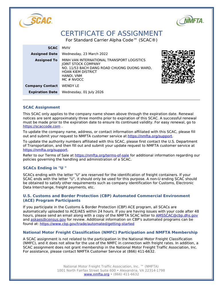 SCAC Certificate – MVIV