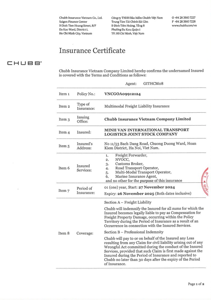 Chubb Insurance Certificate – GITHCM08