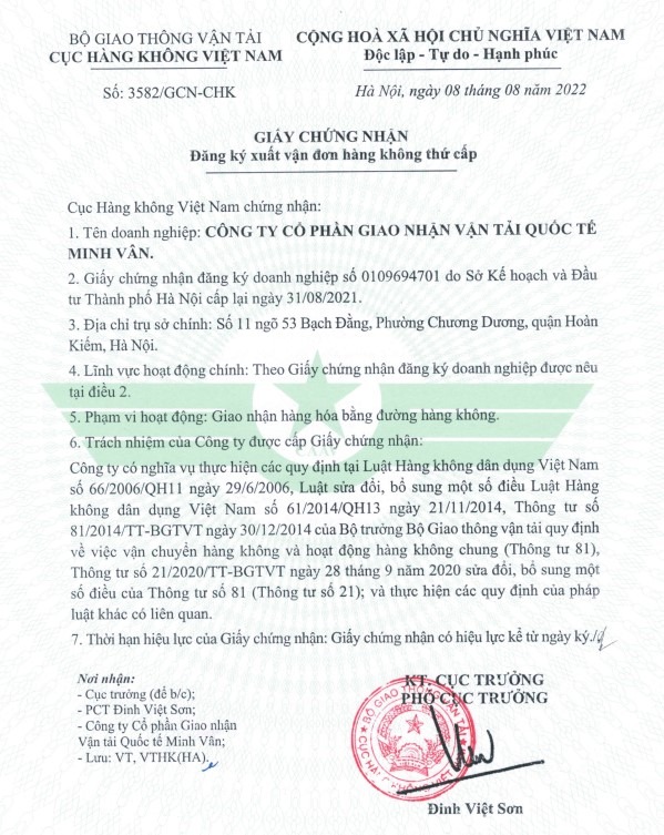Registration Certificate for Issuance of Secondary Air Waybill