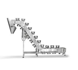 Inclined elevating conveyor with bucket