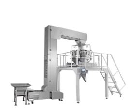 Inclined elevating conveyor with bucket