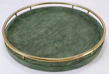 Faux Boa skin round tray with circle brass handles