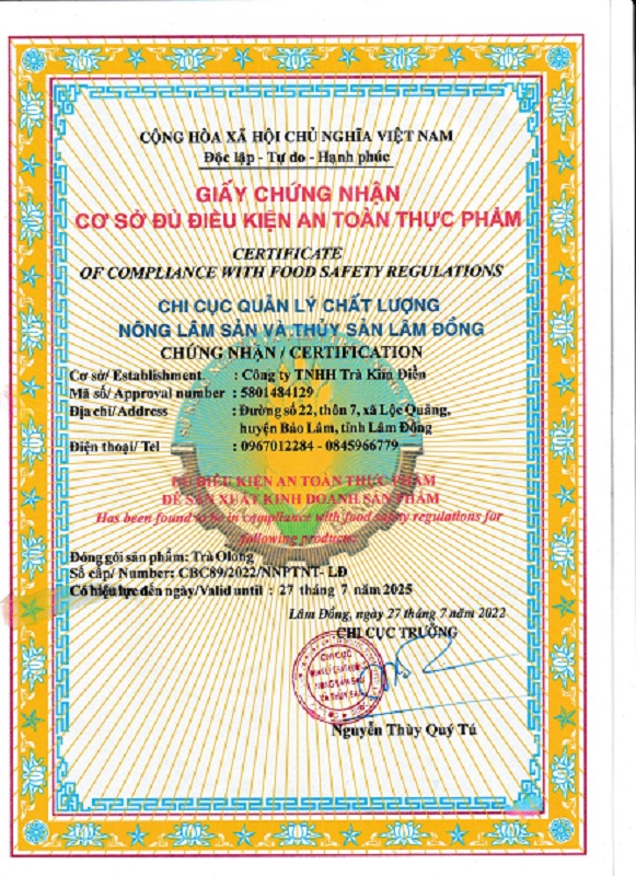 Food safety certificate