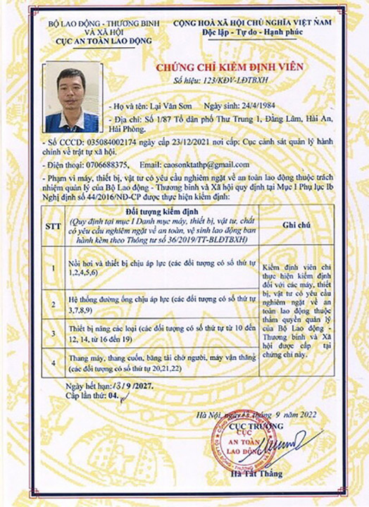 Inspector certificate