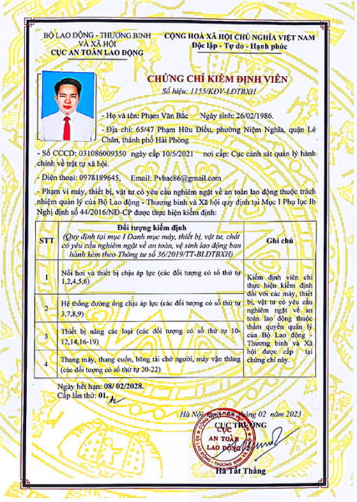 Inspector certificate