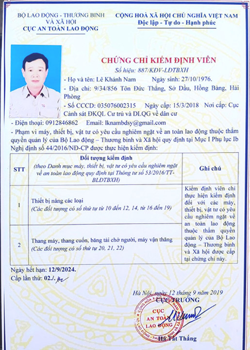 Inspector certificate