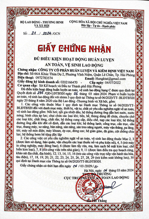 Occupational safety training certificate