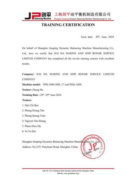 On-site training certificate for dynamic balancing machine operation